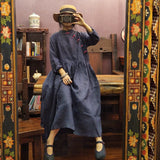 Women Chinese Style Frog Solid 100%Linen Dress