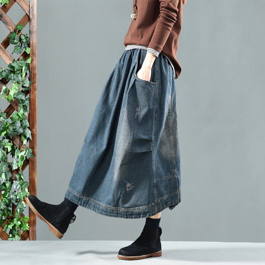 Jupe en jean délavée à taille élastique vintage