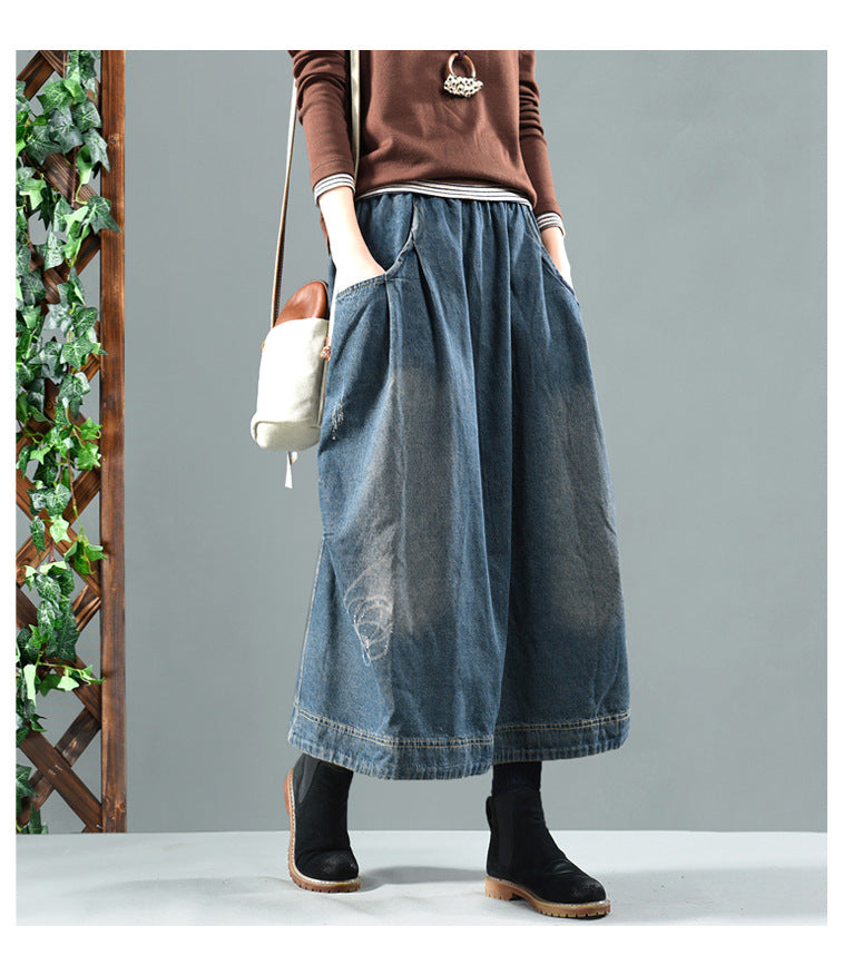Vintage Elastic Waist Washed Denim Skirt