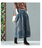 Vintage Elastic Waist Washed Denim Skirt