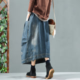 Vintage Elastic Waist Washed Denim Skirt