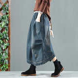 Vintage Elastic Waist Washed Denim Skirt