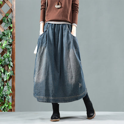 Vintage Elastic Waist Washed Denim Skirt