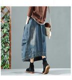 Vintage Elastic Waist Washed Denim Skirt