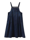 Women Spring Vintage Solid Pocket Overall Dress