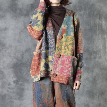 Autumn Colorful Flower Knitted Sweater Coat