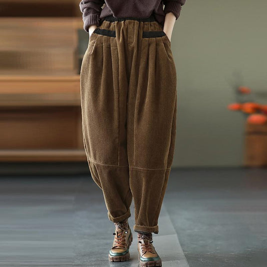 Pantalon épais en velours côtelé avec poche pour l'hiver, chaud, taille élastique