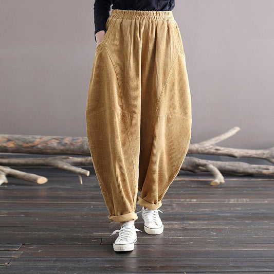 Pantalon en velours côtelé pour femmes, taille élastique, poche, couleur unie