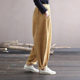 Corduroy Women Pocket Elastic Waist Solid Color Pants