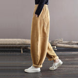 Corduroy Women Pocket Elastic Waist Solid Color Pants
