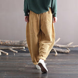 Corduroy Women Pocket Elastic Waist Solid Color Pants