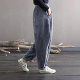 Corduroy Women Pocket Elastic Waist Solid Color Pants