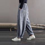 Corduroy Women Pocket Elastic Waist Solid Color Pants