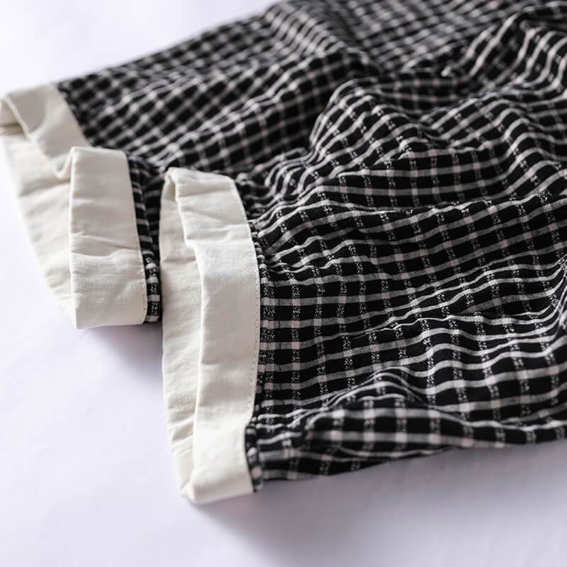 Cotton Linen Plaid Drawstring Pocket Casual Pants