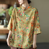 Cotton Linen Women Casual Floral Irregular Vintage Shirt
