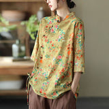 Cotton Linen Women Casual Floral Irregular Vintage Shirt