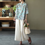 Cotton Linen Women Casual Floral Irregular Vintage Shirt