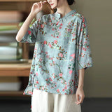 Cotton Linen Women Casual Floral Irregular Vintage Shirt