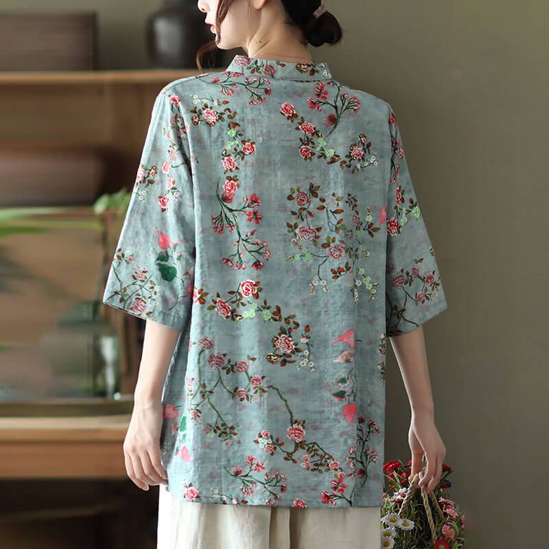 Cotton Linen Women Casual Floral Irregular Vintage Shirt