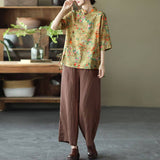 Cotton Linen Women Casual Floral Irregular Vintage Shirt
