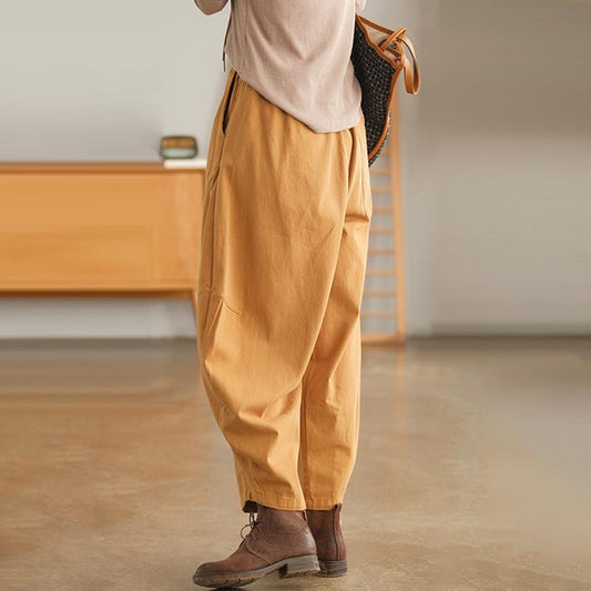 Pantalon de poche en coton pour femmes, couleur Pure, taille élastique
