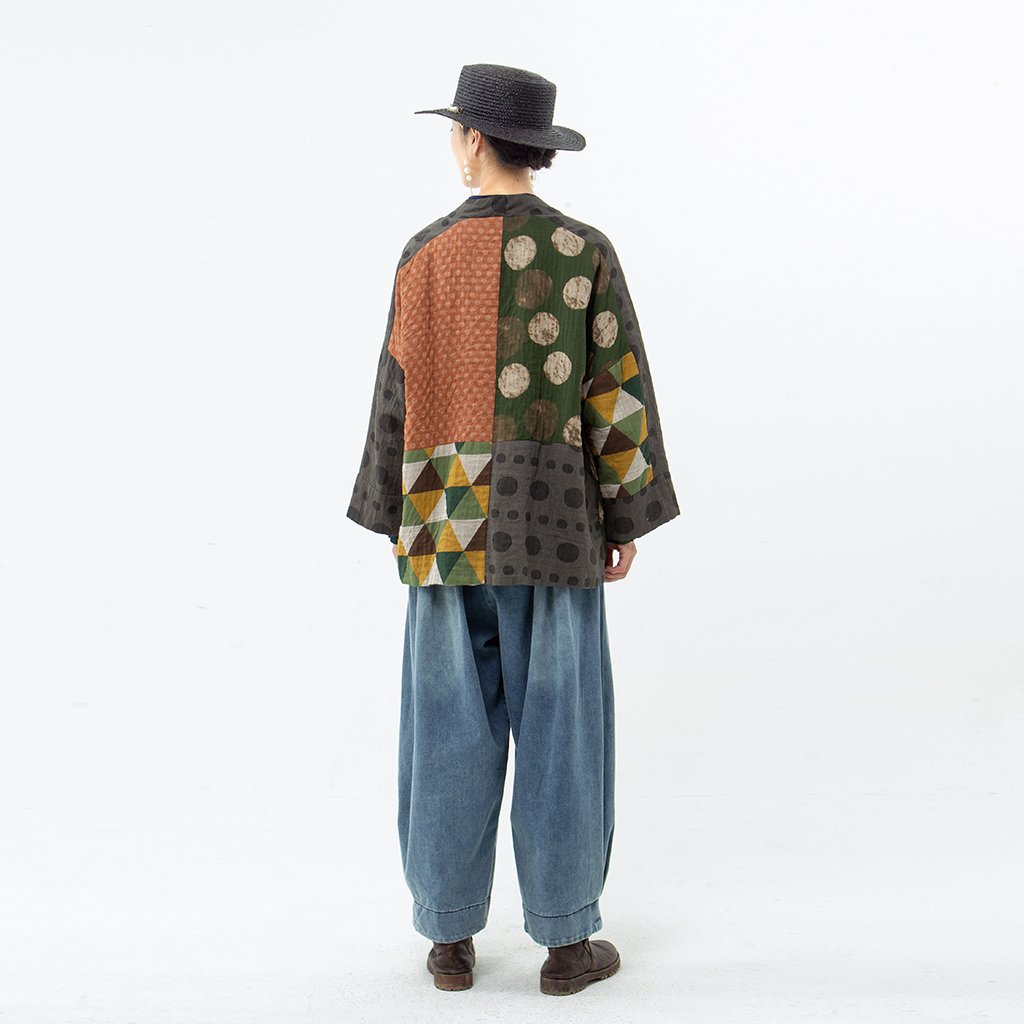 Plus Size - Irregular Geometric Pattern Retro Cotton Jacket Coat