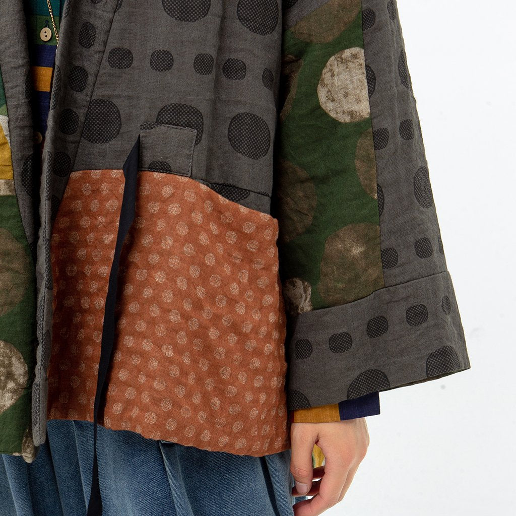 Plus Size - Irregular Geometric Pattern Retro Cotton Jacket Coat