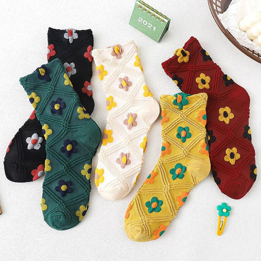 Chaussettes d'automne décontractées en jacquard tricotées à fleurs