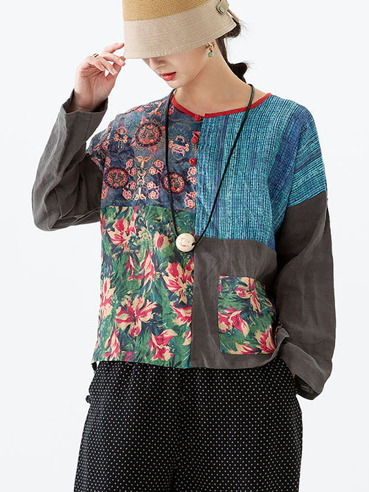 Women Flower Color Contrast 100% Linen Blouse Shirt