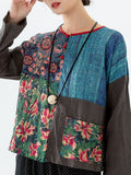 Women Flower Color Contrast 100% Linen Blouse Shirt