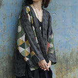 Plus Size - Irregular Geometric Pattern Retro Cotton Jacket Coat