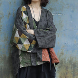 Plus Size - Irregular Geometric Pattern Retro Cotton Jacket Coat