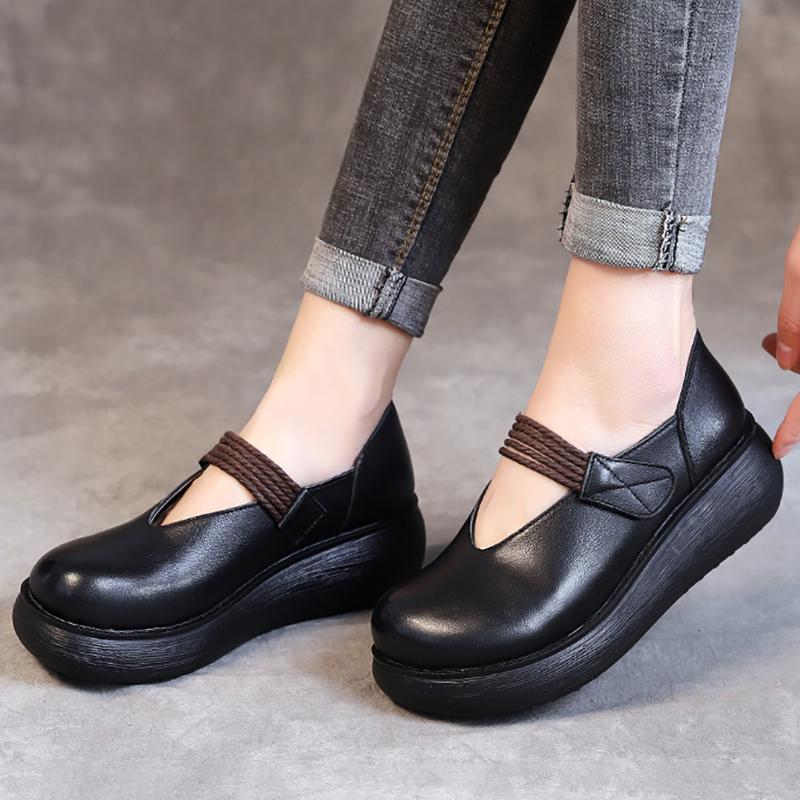 Chaussures en cuir à semelle épaisse Velcro de couleur unie pour femmes