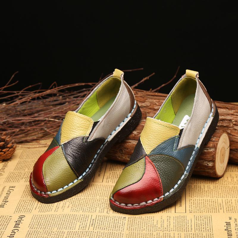 Leather Women Vintage Color Contrast Flat Shoes