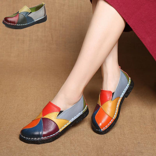 Leather Women Vintage Color Contrast Flat Shoes