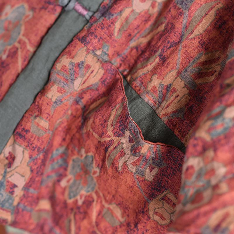 Manteau à manches longues vintage floral épissé de couleur de poche en lin