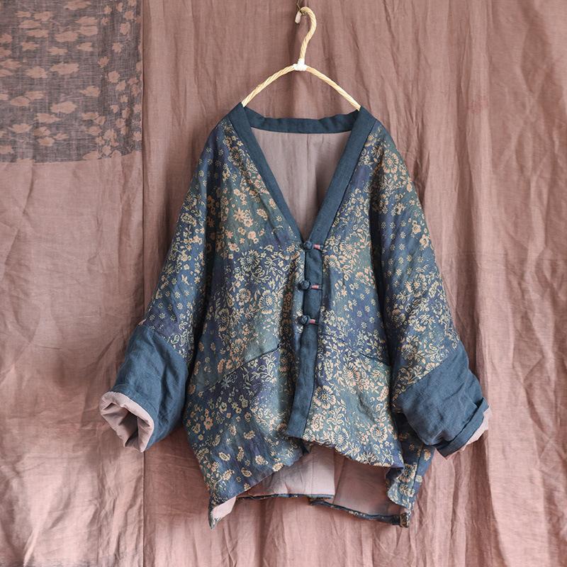 Linen Pocket Color Spliced Floral Vintage Long Sleeve Coat