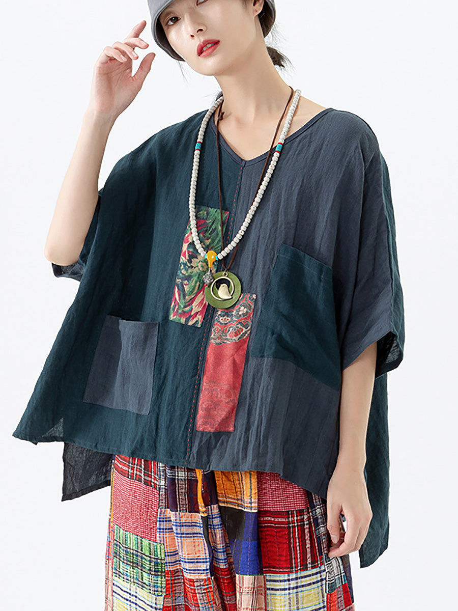 Women Ethnic Patch Spliced Pocket V-neck Loose Linen Shirt