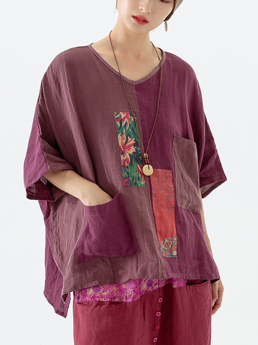 Women Ethnic Patch Spliced Pocket V-neck Loose Linen Shirt