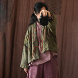 Linen Winter Vintage Long Sleeve Floral Printed Warm Coat