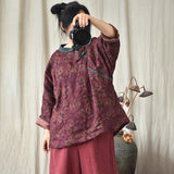 Linen Women Pullover Floral Vintage Long Sleeve Sweatshirt