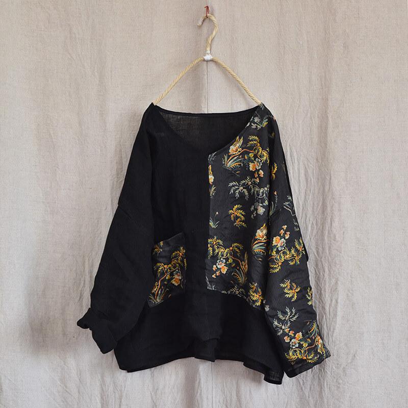 Linen Women Vintage Floral Pocket Stitching Casual Shirt
