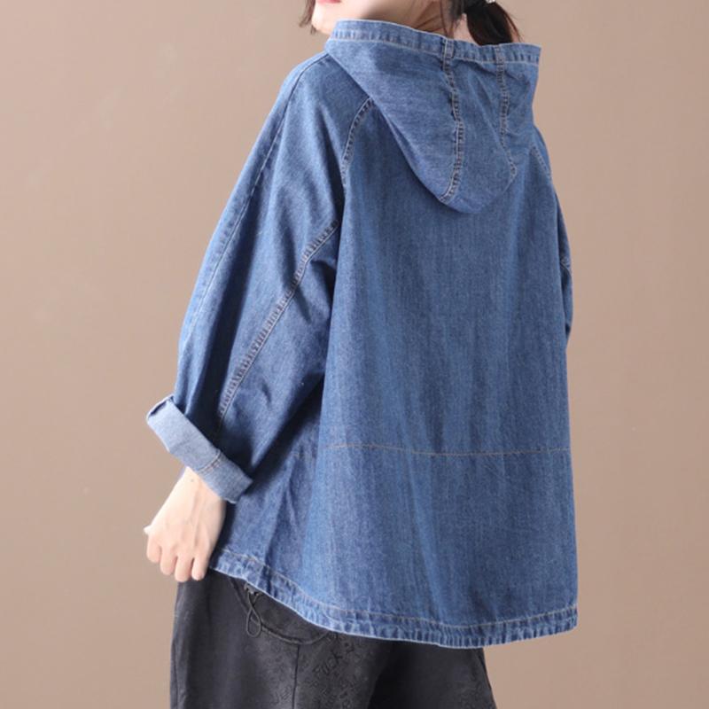 Plus Size - Loose Solid Color Drawstring Denim Hoodie