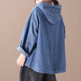 Plus Size - Loose Solid Color Drawstring Denim Hoodie