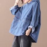 Plus Size - Loose Solid Color Drawstring Denim Hoodie