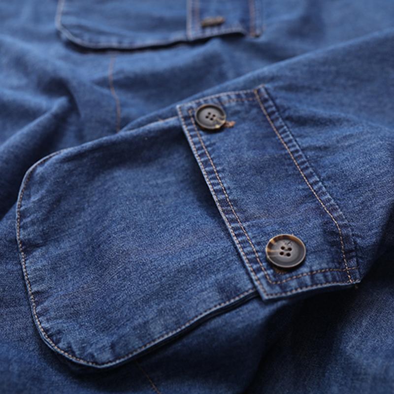 Plus Size - Loose Solid Color Drawstring Denim Hoodie