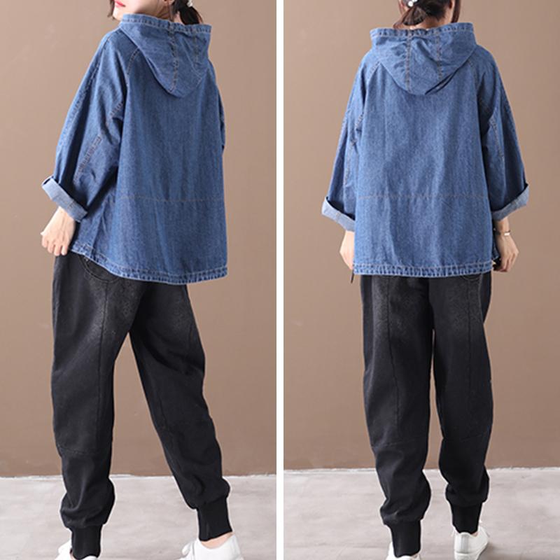 Plus Size - Loose Solid Color Drawstring Denim Hoodie