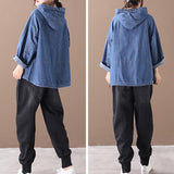 Plus Size - Loose Solid Color Drawstring Denim Hoodie