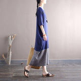 Cotton And Linen Retro Round Neck Loose Stitching Dress