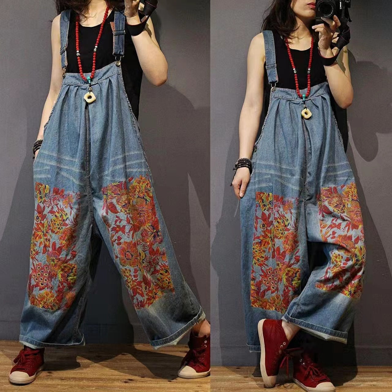 Large Size Loose Retro Literary Print Overalls